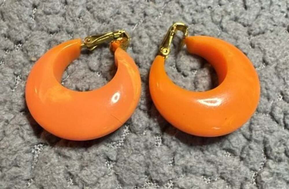 Vintage Orange Bakelite Chunky Hoop Clip On Earrings